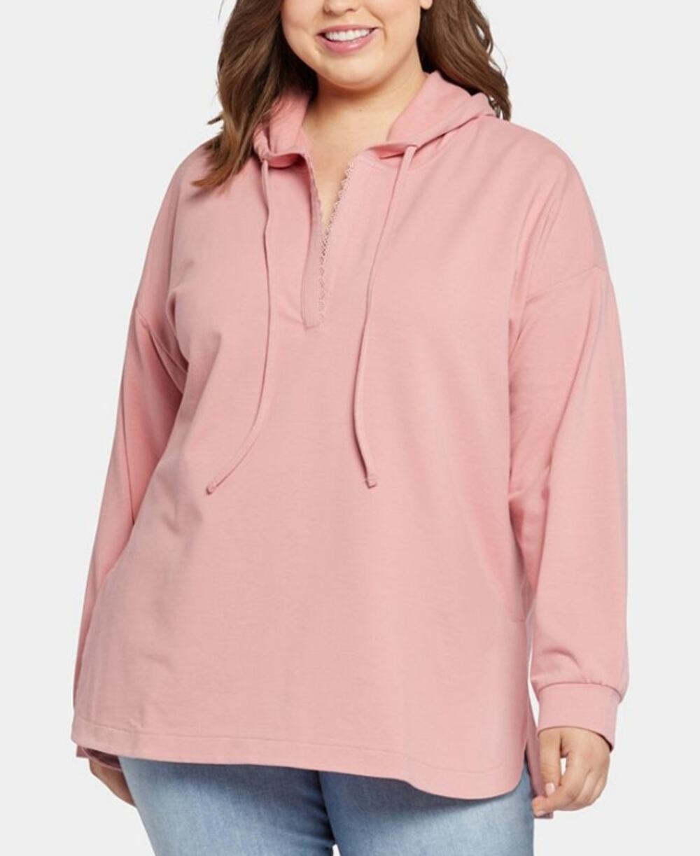 NYDJ Pink Lace Trimmed Hoodie Sweatshirt Womens Plus 1X Long Sleeve Relaxed Fit